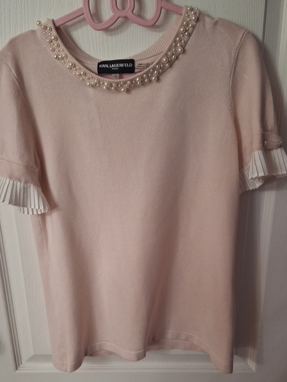 Karl Lagerfeld Blush Pink Pearl-Trim Short Sleeve Tee NWOT Size XS